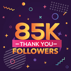 Fototapeta premium Thank you 85000 followers, thanks banner.First 85K follower congratulation card with geometric figures, lines, squares, circles for Social Networks.Web blogger celebrate a large number of subscribers.