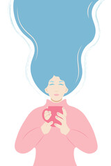 Girl with long blue hair in a pink sweater with a cup in her hands, flat vector, isolate on white, winter mood