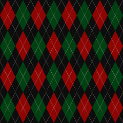 Christmas plaid argyle pattern. Royal green and bright red diamond motif. Vintage atmosphere ornament small check white stitches. Home holiday decoration, interior textile, fabric cloth. Vector
