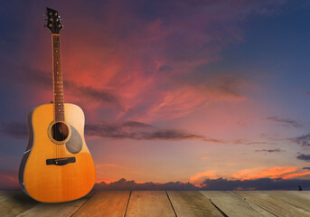wooden guitar natural view, sea, setting sun Musical nature, wooden floors, travel, views, musical...