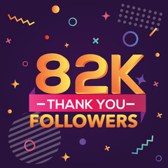 Thank you 82000 followers, thanks banner.First 82K follower congratulation card with geometric figures, lines, squares, circles for Social Networks.Web blogger celebrate a large number of subscribers.