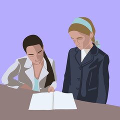 Vector illustration of a teacher and a student. The teacher checks the completion of the task.