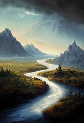 Great river and mountain beautiful valley and plain illustration