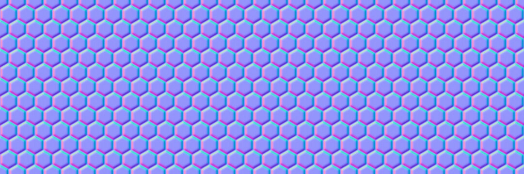 Normal map of honey comb or metal grid seamless pattern. Bump mapping of regular hive cell texture. Hexagon geometry material 3d rendering shader illustration
