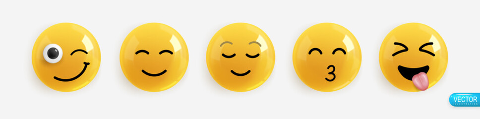 Emotion Realistic 3d Render. Set Icon Smile Emoji. Vector yellow glossy emoticons.