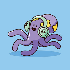 illustration vector graphic of purple octopus listening to music using headphones. perfect for children's books, icons, logos, etc.