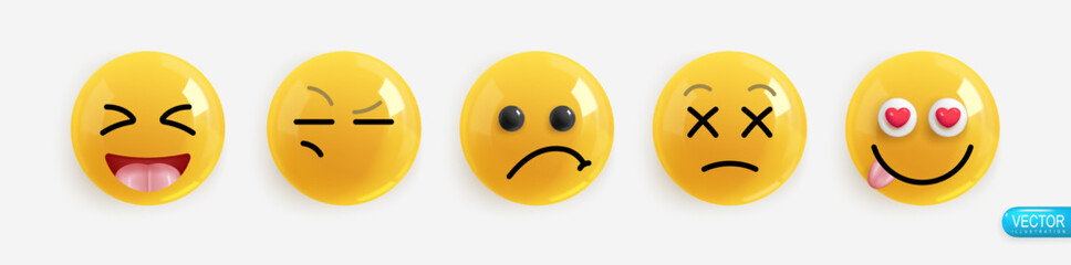 Emotion Realistic 3d Render. Set Icon Smile Emoji. Vector yellow glossy emoticons.