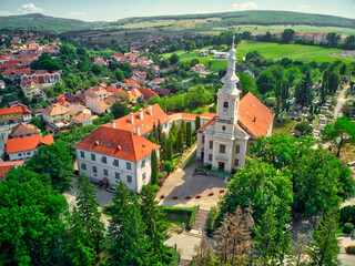 Obraz premium Aerial drone view of old church. Old catholic church building.