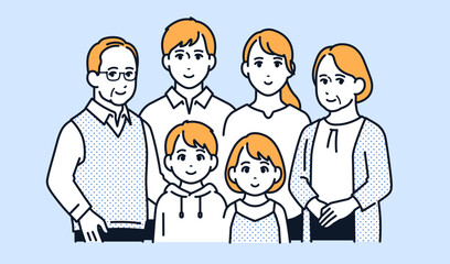 笑顔で微笑む三世代家族のシンプルなベクターイラスト素材