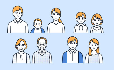 三世代家族のシンプルな顔アイコンのベクターイラストセット素材