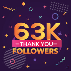 Thank you 63000 followers, thanks banner.First 63K follower congratulation card with geometric figures, lines, squares, circles for Social Networks.Web blogger celebrate a large number of subscribers.