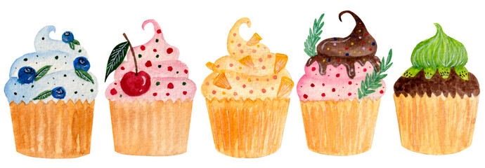 Bright watercolor food collection, various cupcakes with colorful cream and decor. Elements isolated on white background