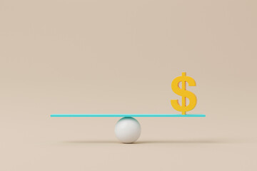 Dollar sign symbol on scale seesaw. Balance scale on background. 3d illustration