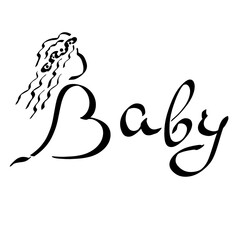 Creative inscription BABY, with a pregnant woman like a heart and a letter in the form of a baby, black text