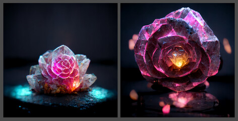 Crystal rose flowers. Ai generated magic bloom, mystical glowing gems. Beautiful Midjourney digital design - 530590443