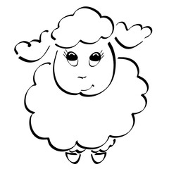 cute smiling very fluffy lamb with curly hair, black outline on white background