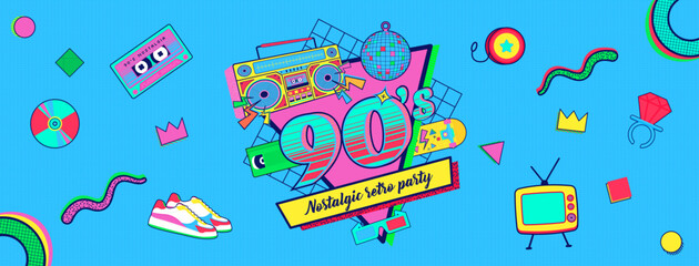 90s 80s memphis nostalgic colorful retro party banner