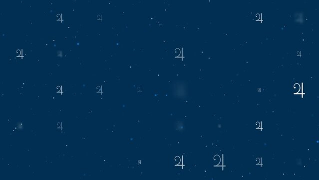 Template animation of evenly spaced jupiter astrological symbols of different sizes and opacity. Animation of transparency and size. Seamless looped 4k animation on dark blue background with stars