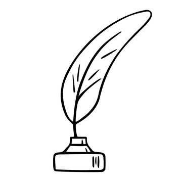 Bird feather quill and inkwell, writing ink pen, hand drawn outline, doodle sketch. Freehand, minimalism style, line art. Isolated. Vector illustration