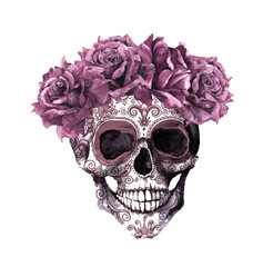 Human skull, dead head in red rose flowers wreath and Dia de los Muertos makeup. Watercolor