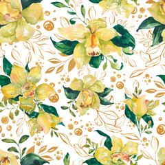 Seamless pattern with watercolor orchids and gold twigs. Tropical flowers, dots, and leaves are isolated on white background. Floral illustration for printing, fabric, or wallpaper © Re_margarita_art