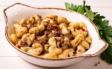pasta with minced meat on a plate