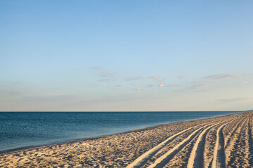 Sea coast. Wheel ruts on the sand.