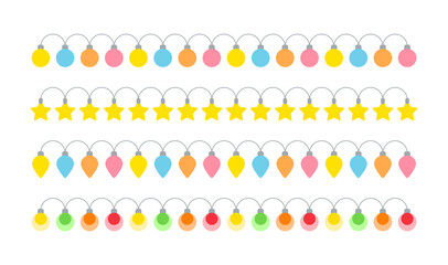 Set of colorful glowing brightly lit light bulbs, lamps border illustrations. Decorate with lights at Christmas, festivals.