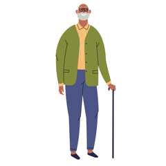 Senior black man, aged grandfather moving with help of walking cane. Elderly grey haired male character isolated on white background. Flat style, vector illustration.