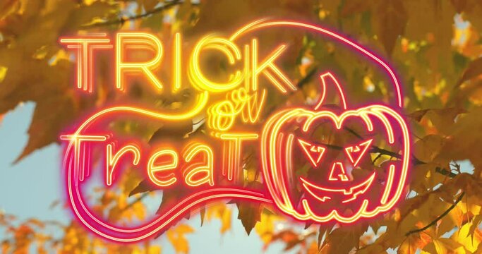 Animation of trick or treat text over leaves