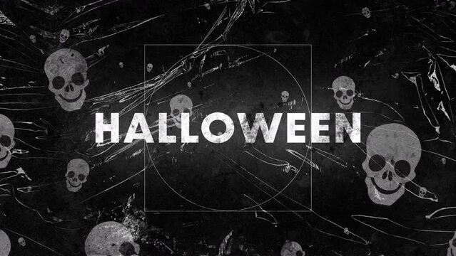 Animation of halloween text and skulls over moving shapes