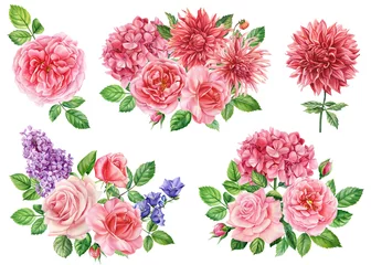 Keuken spatwand met foto Bouquet of rose, lilac, dahlia flowers, isolated white background, watercolor botanical painting © Hanna