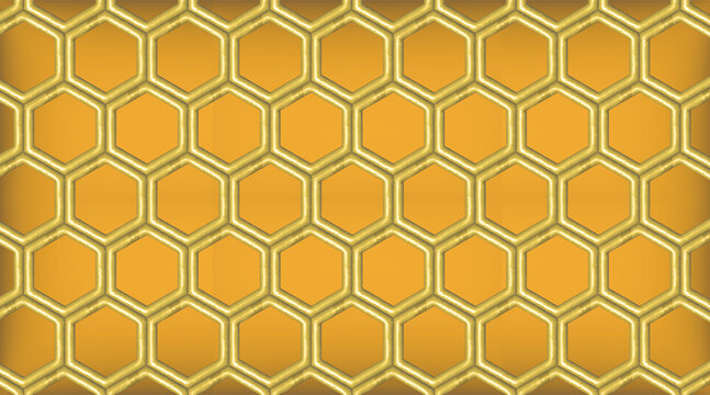 hexagonal 3D pattern with honeycombs. golden yellow, 3D render graphic design template, background, wall paper