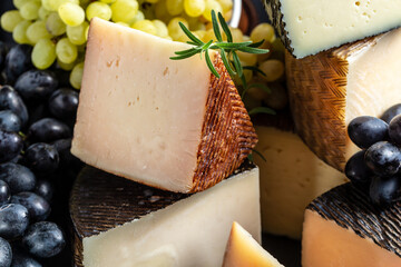 Various kind of cheese, traditional pieces of french, italy and spanish manchego cheese with grapes and figs served on wooden table