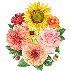 Multicolored flowers. Sunflower, rose, dahlia, zinnia and leaves. Hand painted illustration. Watercolor drawing