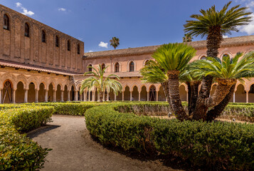 Monreale, Italy - July 8, 2020: Cloister of the cathedral of Monreale (chiostro del duomo di...