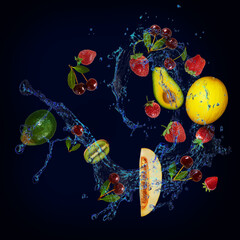 Fototapeta na wymiar Wallpaper, panorama with fruits in the water - cherry, avocado, melon, kiwi are very tasty and vitamin