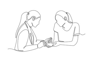 Continuous one line drawing woman doctor help patient for check diabetes with glucose meter in hospital. World diabetes day concept. Single line draw design vector graphic illustration.
