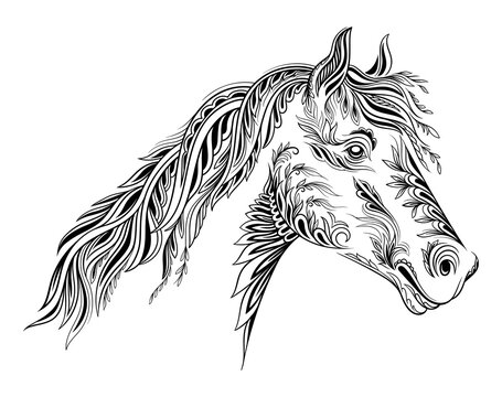 Horse with floral ornament. Hand drawn muzzle or head of horse with leaves, flowers and texture. Design element for logotype or tattoo. Wild animal or mammal. Cartoon flat vector illustration
