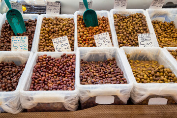 Green and black olives at farmers market