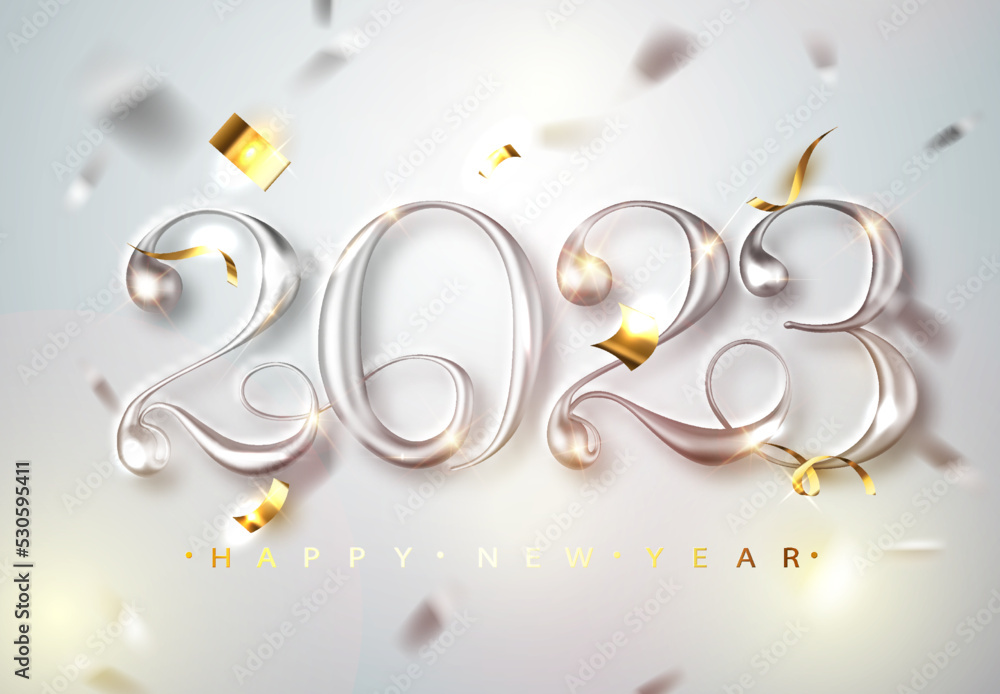 Canvas Prints happy new year 2023 greeting card with silver numbers and confetti frame on white background. vector