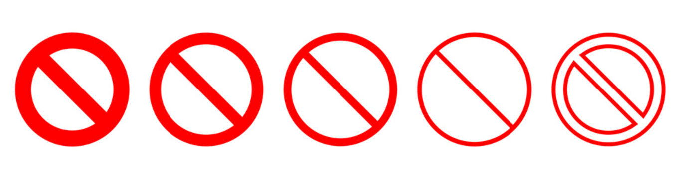 Prohibition sign icon set. Empty NO symbol, prohibition or forbidden sign. Crossed out red circle. Red ban icons set. Stop symbol.