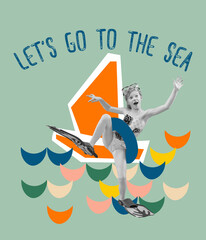 Contemporary art collage. Cheerful little girl, child in swimming circle and flippers having fun on summer holidays on beach