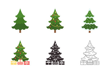 Set of Christmas trees decorated with garlands with gifts on white background. Vector illustration. Cartoon flat style, silhouette and line art. Vector illustration