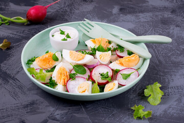 Salad with multicolored radish, boiled eggs, arugula and parsley is served with sour cream on green plate on grey table