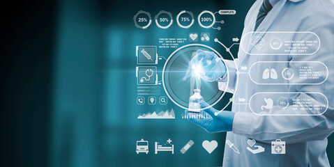 Concept electronic medical technology on tablet Digital healthcare analysis and networking on a holographic interface. science and innovation medical technology and network concept