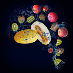 Wallpaper, panorama with fruits in the water - kiwi, melon, apple, strawberry are very tasty and filled with vitamins
