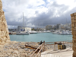 View of the marina and waterfront of Heraklion, Iraklio, Crete island, Greece