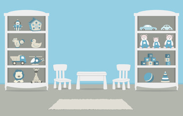 Playroom. Kid's room interior for a baby in a blue color. There are wardrobes with toys, a table, two chairs in the picture. Vector illustration.