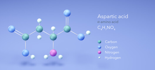 aspartic acid, molecular structures, amino acid, 3d model, Structural Chemical Formula and Atoms with Color Coding